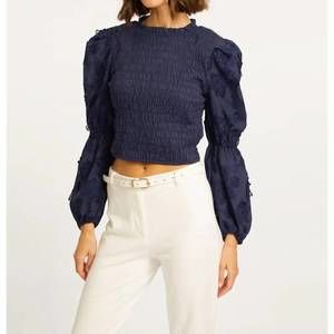 Navy Blue Smocked Puff Sleeve Top